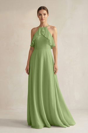 Halter Neck A - Line Chiffon Bridesmaid Dress with Keyhole in Matcha - SHE IS ME Bridesmaid Dresses