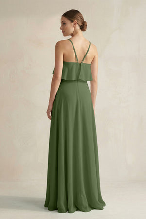 Halter Neck A-Line Chiffon Bridesmaid Dress with Keyhole in Moss (2) | KISSBRIDAL