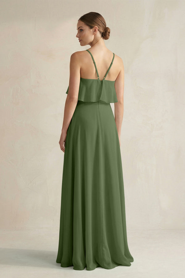 Halter Neck A-Line Chiffon Bridesmaid Dress with Keyhole in Moss (2) | KISSBRIDAL