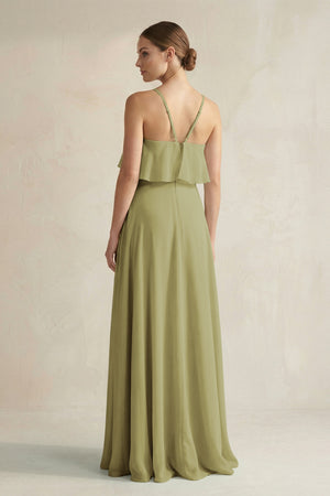 Halter Neck A-Line Chiffon Bridesmaid Dress with Keyhole in Moss Green (2) | KISSBRIDAL