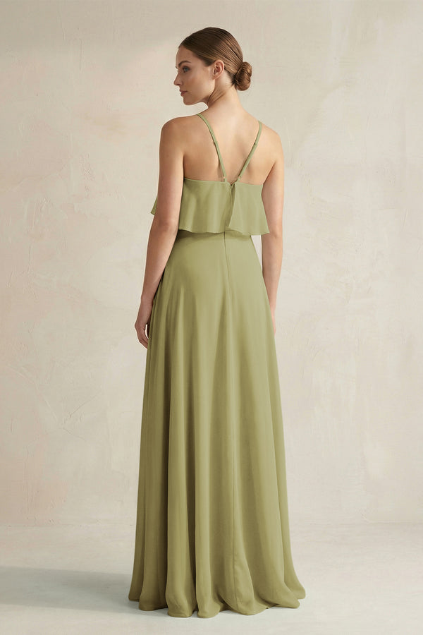 Halter Neck A-Line Chiffon Bridesmaid Dress with Keyhole in Moss Green (2) | KISSBRIDAL