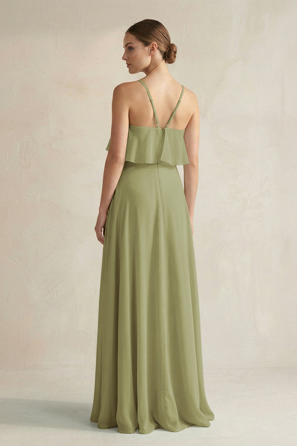 Halter Neck A - Line Chiffon Bridesmaid Dress with Keyhole in Moss Green - SHE IS ME Bridesmaid Dresses