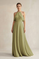 Halter Neck A-Line Chiffon Bridesmaid Dress with Keyhole in Moss Green | KISSBRIDAL