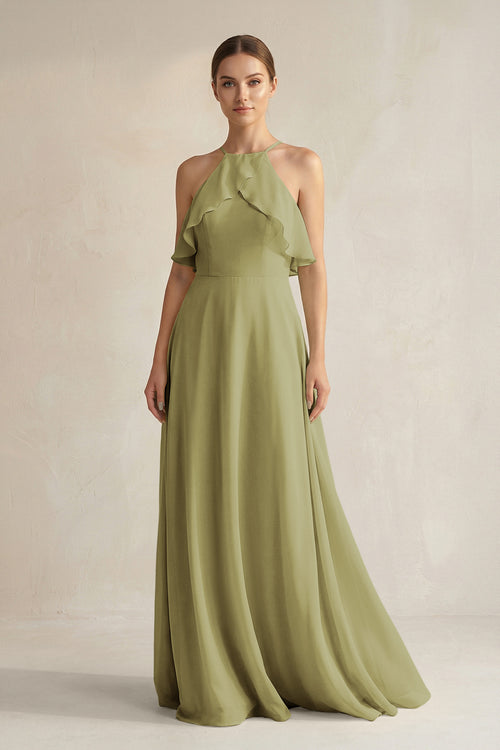 Halter Neck A-Line Chiffon Bridesmaid Dress with Keyhole in Moss Green | KISSBRIDAL