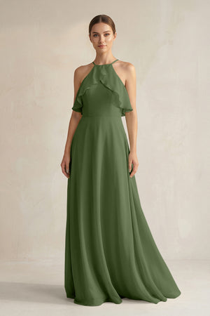 Halter Neck A-Line Chiffon Bridesmaid Dress with Keyhole in Moss | KISSBRIDAL