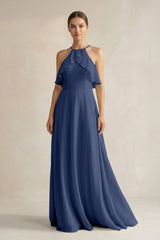 Halter Neck A - Line Chiffon Bridesmaid Dress with Keyhole in Navy - KISS BRIDAL Bridesmaid Dresses