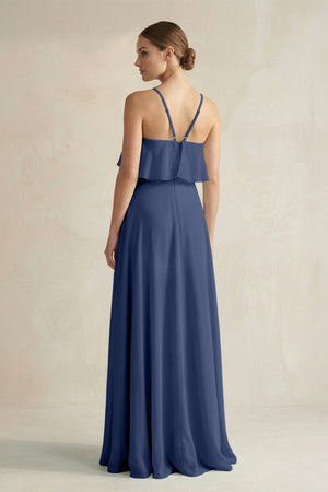 Halter Neck A - Line Chiffon Bridesmaid Dress with Keyhole in Navy - SHE IS ME Bridesmaid Dresses