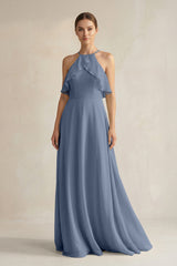Halter Neck A - Line Chiffon Bridesmaid Dress with Keyhole in Neptune - KISS BRIDAL Bridesmaid Dresses