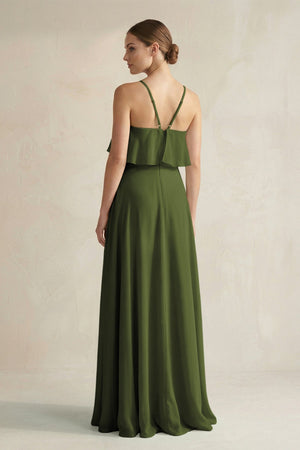 Halter Neck A - Line Chiffon Bridesmaid Dress with Keyhole in Olive - SHE IS ME Bridesmaid Dresses