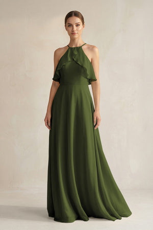 Halter Neck A - Line Chiffon Bridesmaid Dress with Keyhole in Olive - SHE IS ME Bridesmaid Dresses