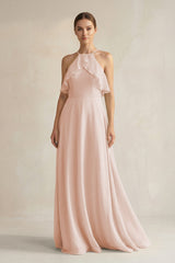 Halter Neck A - Line Chiffon Bridesmaid Dress with Keyhole in Pale Blush - KISS BRIDAL Bridesmaid Dresses