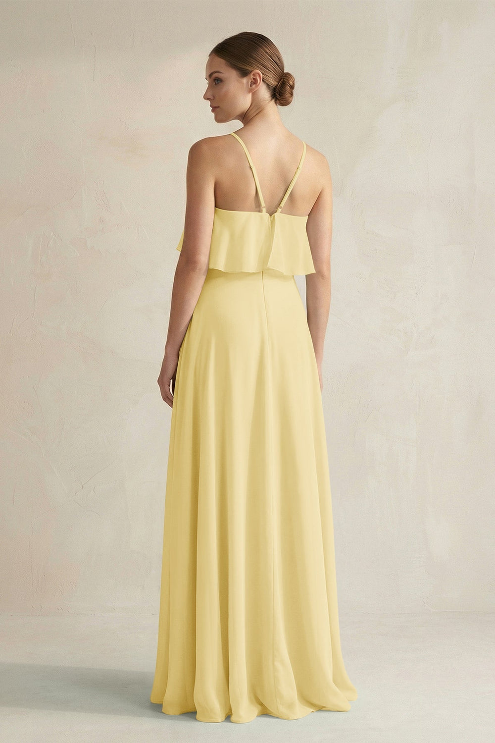 Halter Neck A - Line Chiffon Bridesmaid Dress with Keyhole in Pastel Yellow - SHE IS ME Bridesmaid Dresses