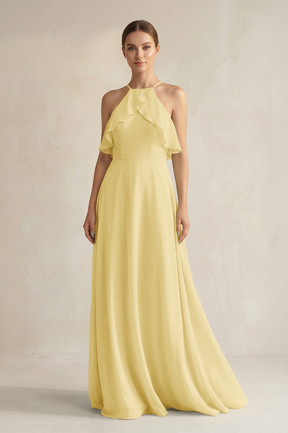 Halter Neck A - Line Chiffon Bridesmaid Dress with Keyhole in Pastel Yellow - SHE IS ME Bridesmaid Dresses