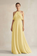 Halter Neck A - Line Chiffon Bridesmaid Dress with Keyhole in Pastel Yellow - SHE IS ME Bridesmaid Dresses