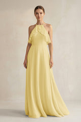 Halter Neck A - Line Chiffon Bridesmaid Dress with Keyhole in Pastel Yellow - KISS BRIDAL Bridesmaid Dresses