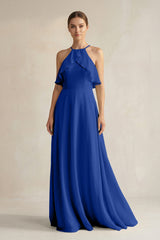 Halter Neck A - Line Chiffon Bridesmaid Dress with Keyhole in Royal Blue - KISS BRIDAL Bridesmaid Dresses