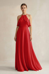 Halter Neck A - Line Chiffon Bridesmaid Dress with Keyhole in Ruby Red - KISS BRIDAL Bridesmaid Dresses