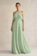 Halter Neck A - Line Chiffon Bridesmaid Dress with Keyhole in Sage - SHE IS ME Bridesmaid Dresses