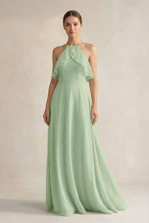 Halter Neck A - Line Chiffon Bridesmaid Dress with Keyhole in Sage - SHE IS ME Bridesmaid Dresses