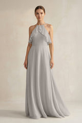 Halter Neck A - Line Chiffon Bridesmaid Dress with Keyhole in Silver - KISS BRIDAL Bridesmaid Dresses