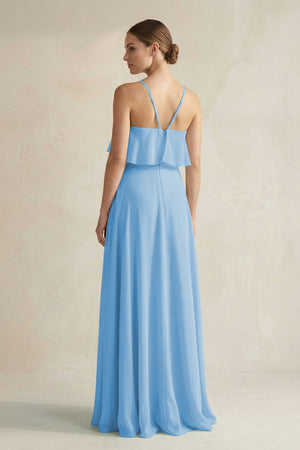 Halter Neck A - Line Chiffon Bridesmaid Dress with Keyhole in Steel Blue - SHE IS ME Bridesmaid Dresses