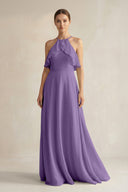 Halter Neck A - Line Chiffon Bridesmaid Dress with Keyhole in Tahiti - SHE IS ME Bridesmaid Dresses