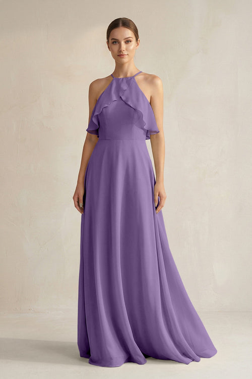 Halter Neck A - Line Chiffon Bridesmaid Dress with Keyhole in Tahiti - SHE IS ME Bridesmaid Dresses
