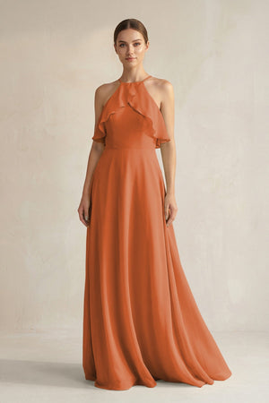 Halter Neck A - Line Chiffon Bridesmaid Dress with Keyhole in Terracotta - SHE IS ME Bridesmaid Dresses