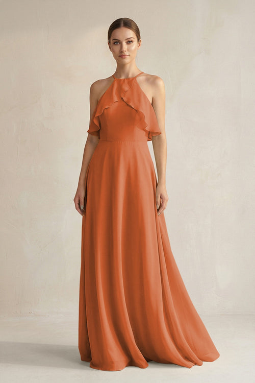 Halter Neck A - Line Chiffon Bridesmaid Dress with Keyhole in Terracotta - SHE IS ME Bridesmaid Dresses