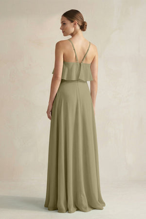 Halter Neck A - Line Chiffon Bridesmaid Dress with Keyhole in Thyme - SHE IS ME Bridesmaid Dresses