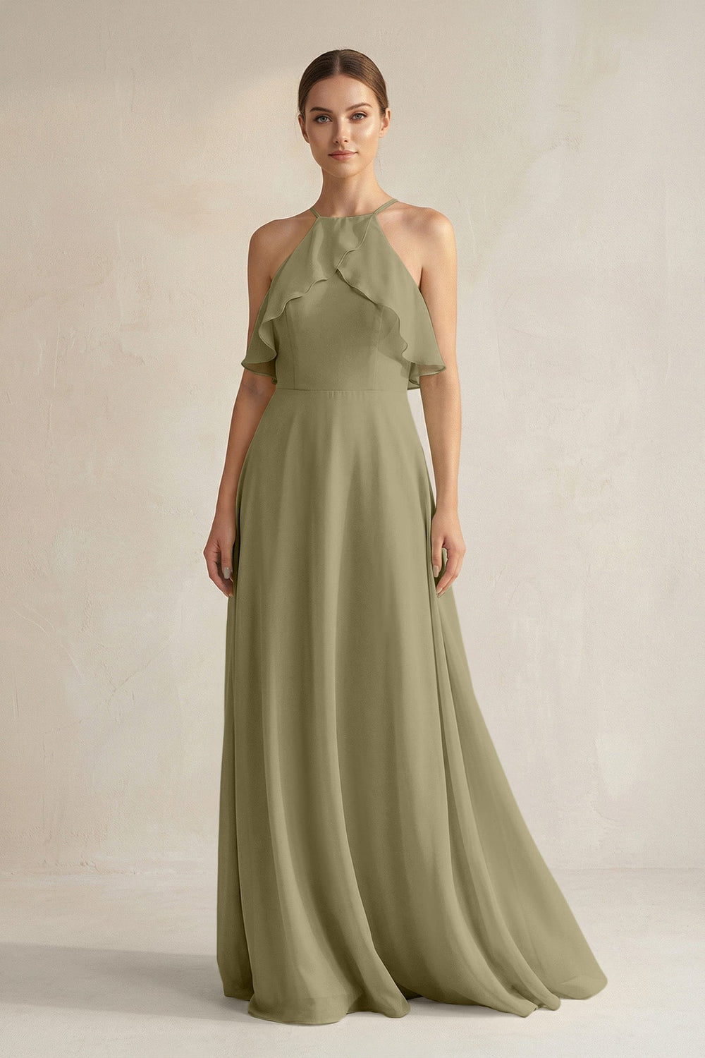 Halter Neck A - Line Chiffon Bridesmaid Dress with Keyhole in Thyme - SHE IS ME Bridesmaid Dresses
