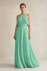 Halter Neck A - Line Chiffon Bridesmaid Dress with Keyhole in Turquoise - KISS BRIDAL Bridesmaid Dresses