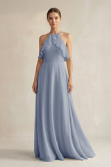 Halter Neck A - Line Chiffon Bridesmaid Dress with Keyhole in Twilight - KISS BRIDAL Bridesmaid Dresses