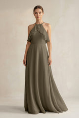 Halter Neck A - Line Chiffon Bridesmaid Dress with Keyhole in Willow Green - KISS BRIDAL Bridesmaid Dresses