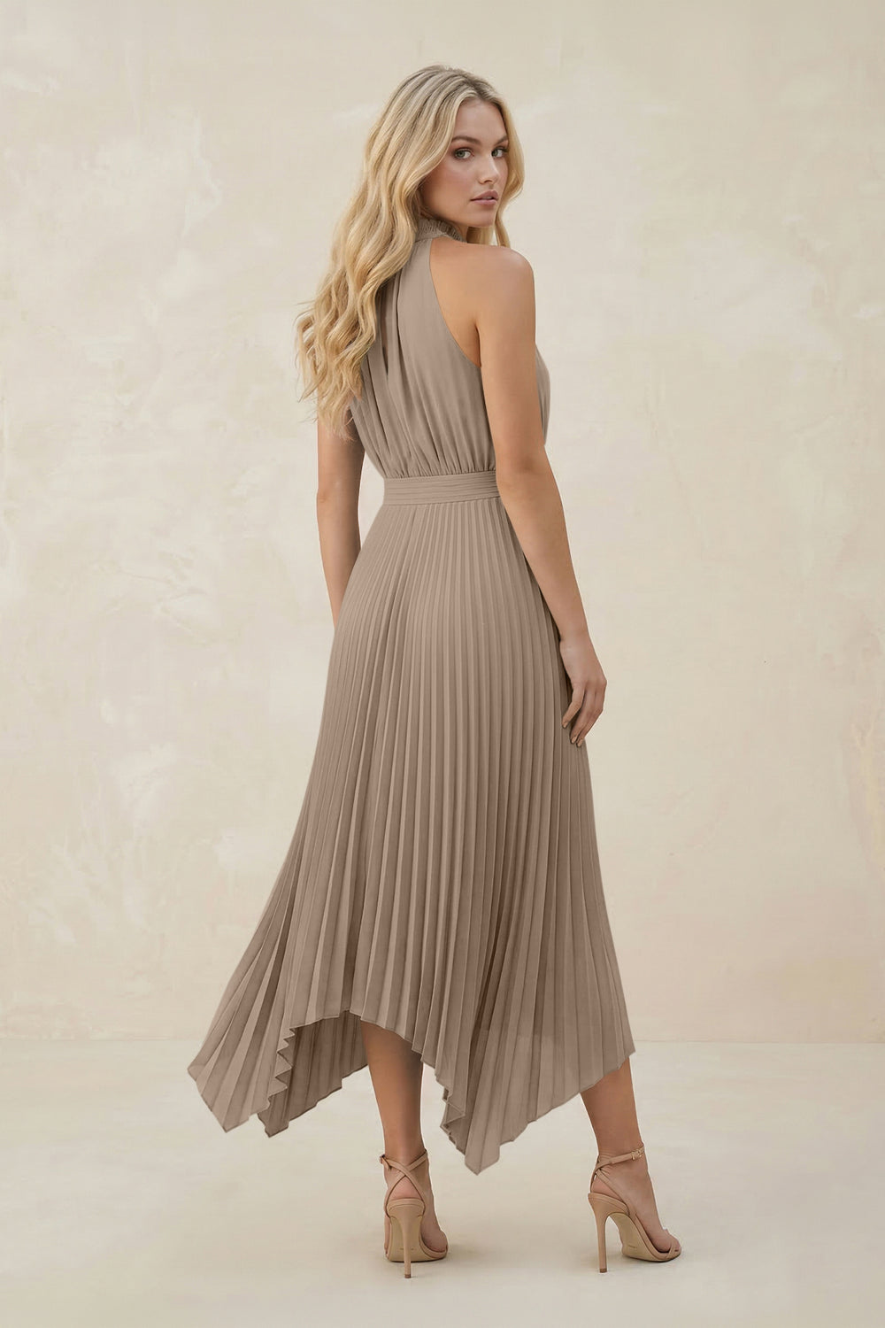 Halter Neck Pleated A-Line Chiffon Bridesmaid Dress in Almond