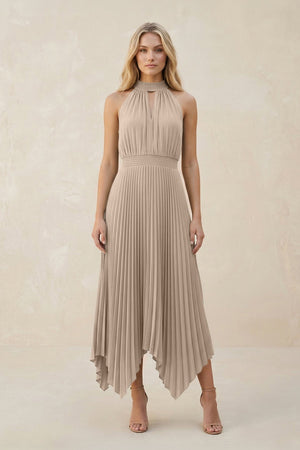 Halter Neck Pleated A - Line Chiffon Bridesmaid Dress in Almond - SHE IS ME Bridesmaid Dresses