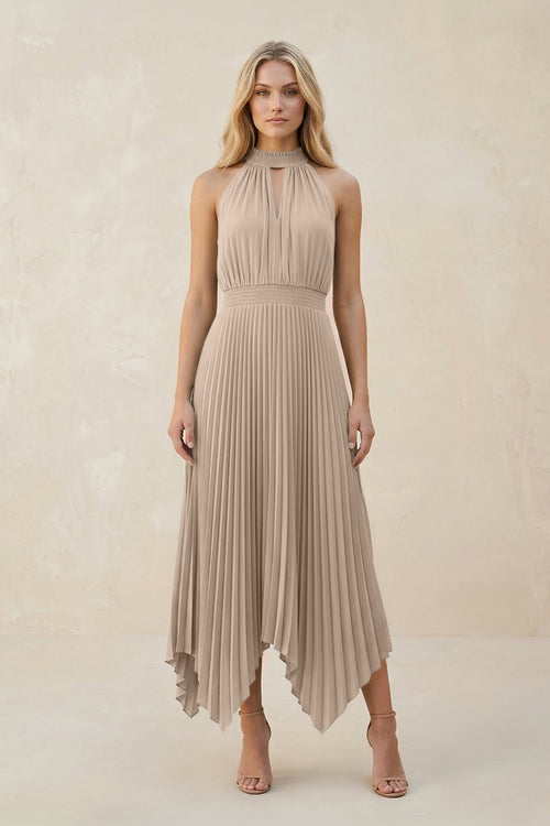 Halter Neck Pleated A - Line Chiffon Bridesmaid Dress in Almond - SHE IS ME Bridesmaid Dresses