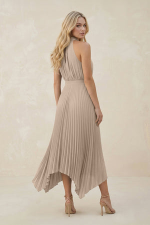 Halter Neck Pleated A - Line Chiffon Bridesmaid Dress in Almond - SHE IS ME Bridesmaid Dresses