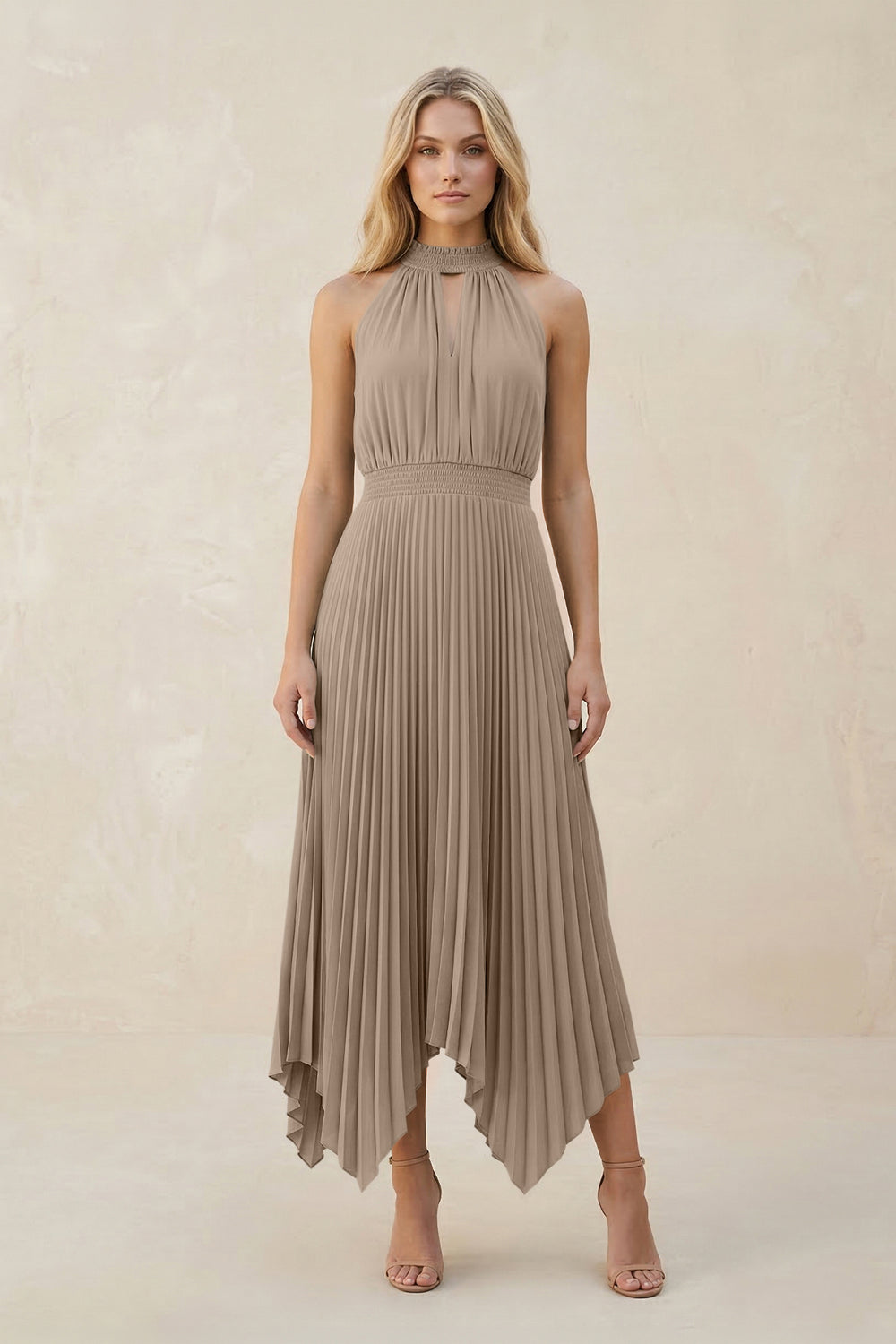 Halter Neck Pleated A-Line Chiffon Bridesmaid Dress in Almond