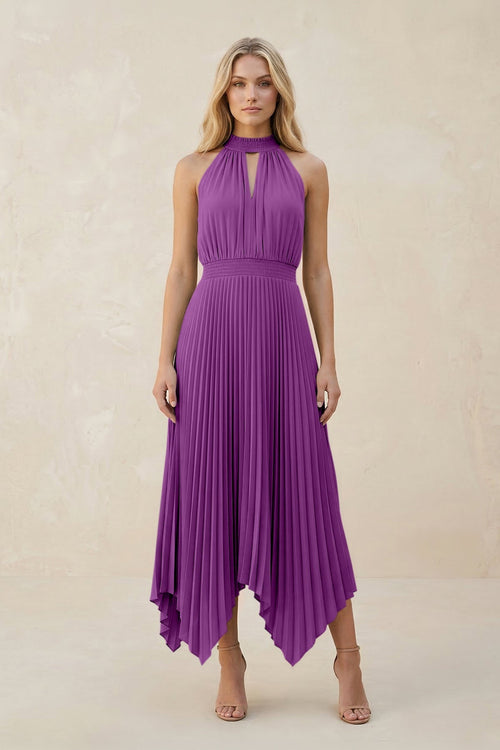 Halter Neck Pleated A - Line Chiffon Bridesmaid Dress in Amethyst - SHE IS ME Bridesmaid Dresses