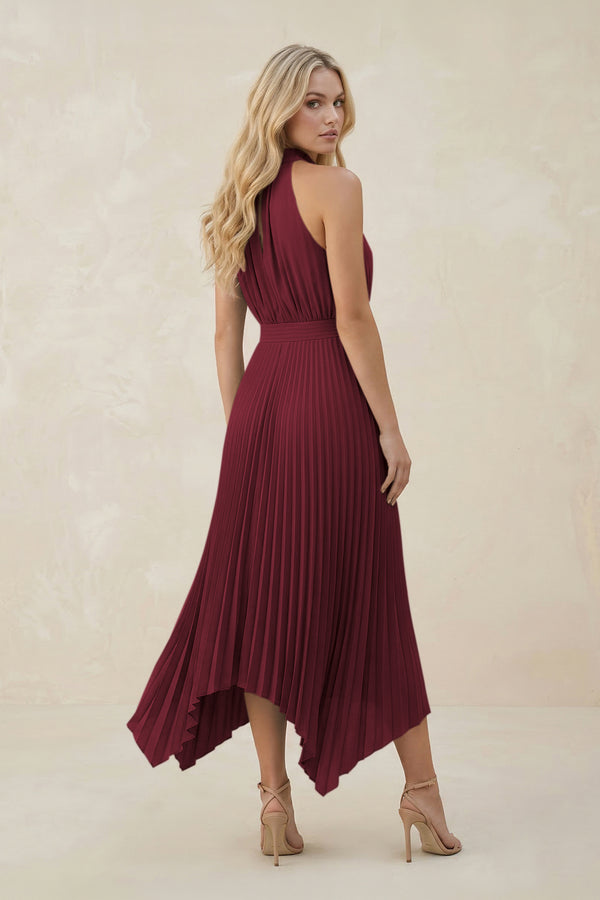 Halter Neck Pleated A-Line Chiffon Bridesmaid Dress in Berry (2) | KISSBRIDAL