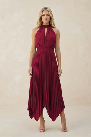 Halter Neck Pleated A - Line Chiffon Bridesmaid Dress in Berry - SHE IS ME Bridesmaid Dresses