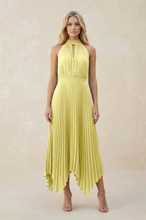 Halter Neck Pleated A - Line Chiffon Bridesmaid Dress in Buttercup - SHE IS ME Bridesmaid Dresses