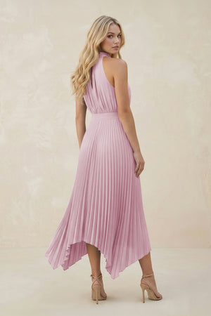 Halter Neck Pleated A-Line Chiffon Bridesmaid Dress in Candy Pink (2) | KISSBRIDAL