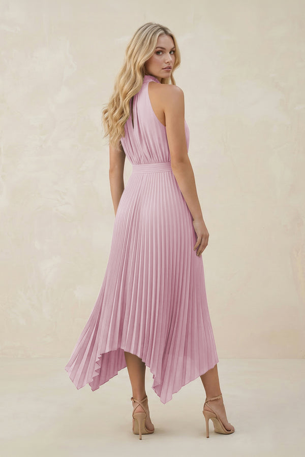 Halter Neck Pleated A-Line Chiffon Bridesmaid Dress in Candy Pink (2) | KISSBRIDAL