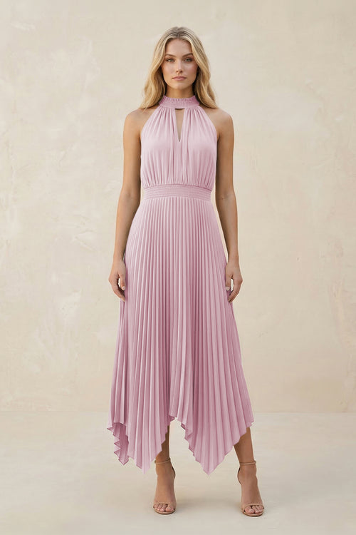Halter Neck Pleated A-Line Chiffon Bridesmaid Dress in Candy Pink | KISSBRIDAL