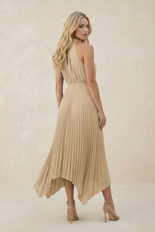 Halter Neck Pleated A-Line Chiffon Bridesmaid Dress in Champagne (2) | KISSBRIDAL