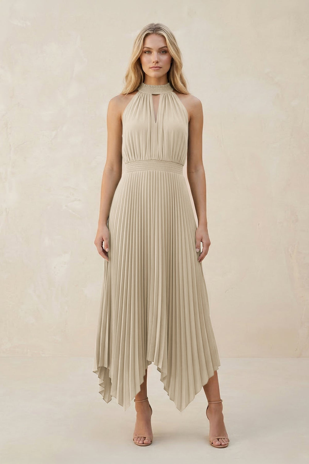 Halter Neck Pleated A - Line Chiffon Bridesmaid Dress in Champagne - KISS BRIDAL Bridesmaid Dresses