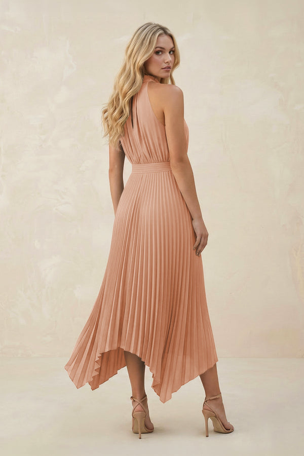 Halter Neck Pleated A - Line Chiffon Bridesmaid Dress in Champagne Rose - SHE IS ME Bridesmaid Dresses