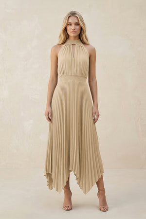 Halter Neck Pleated A-Line Chiffon Bridesmaid Dress in Champagne | KISSBRIDAL